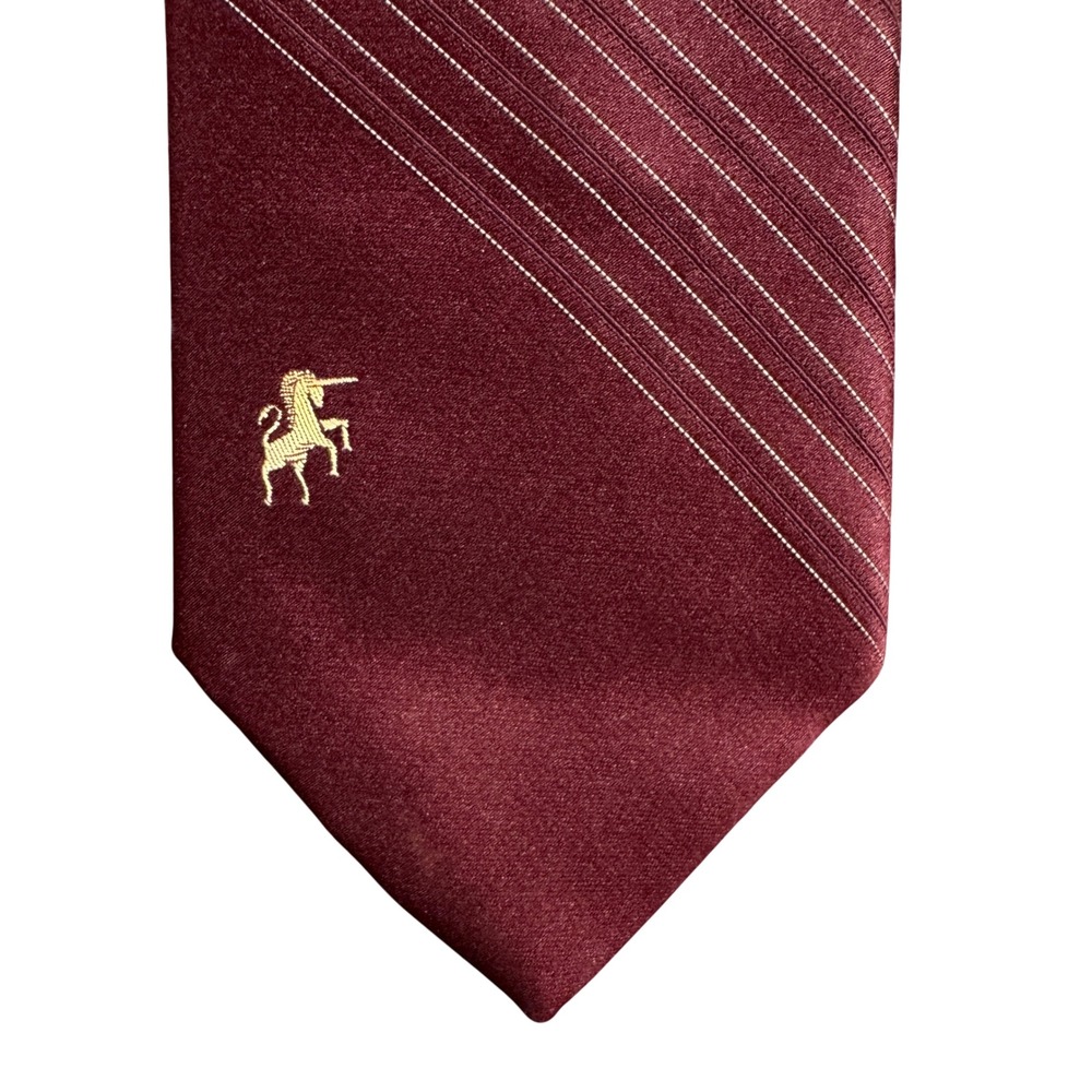 Bronzini Mens Burgundy Pinstripe Unicorn Logo Silk Blend Necktie 53in